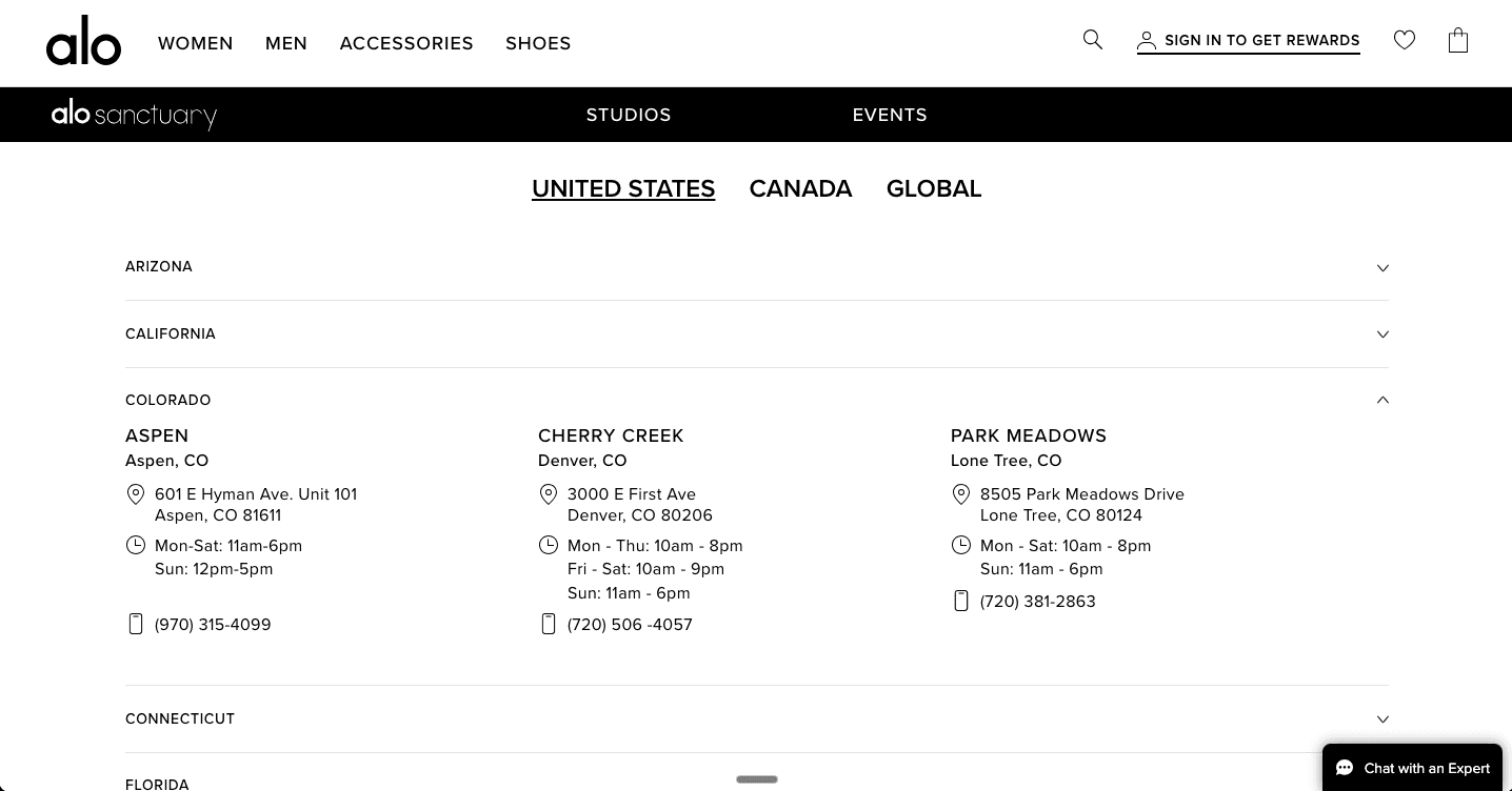 Alo Yoga Store Locator Interface